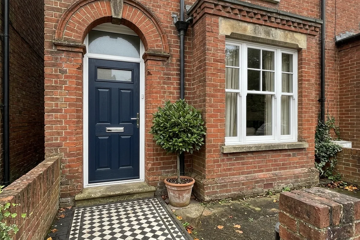 Navy composite front door under an arched fanlight on a red-brick Victorian terraced house, with a black and white tiled path