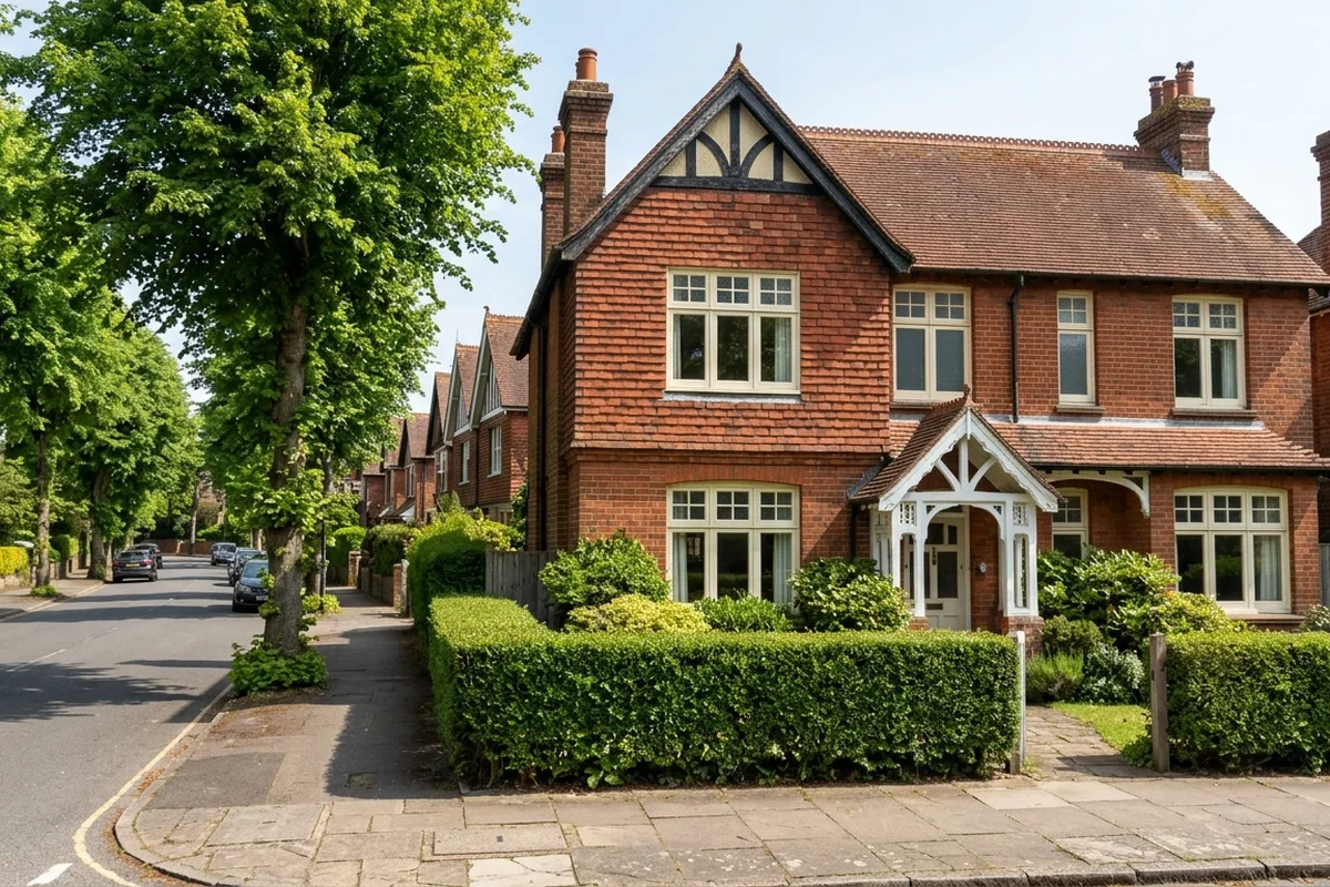 Edwardian red-brick semi-detached house with a tile-hung front and white casement windows with small-paned top lights