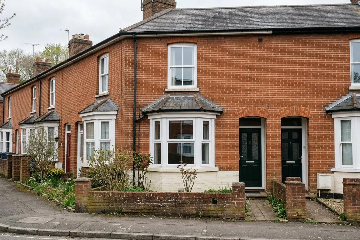 Red-brick Victorian terraced house typical of High Brooms, with a new white canted bay window and a black composite front door