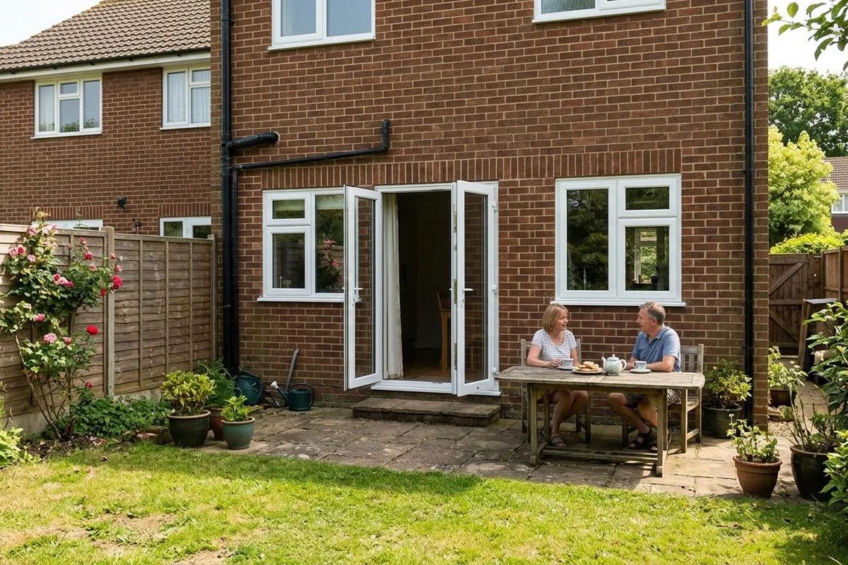 Couple sitting at a patio table beside open white uPVC French doors and white casement windows at the back of a brick house