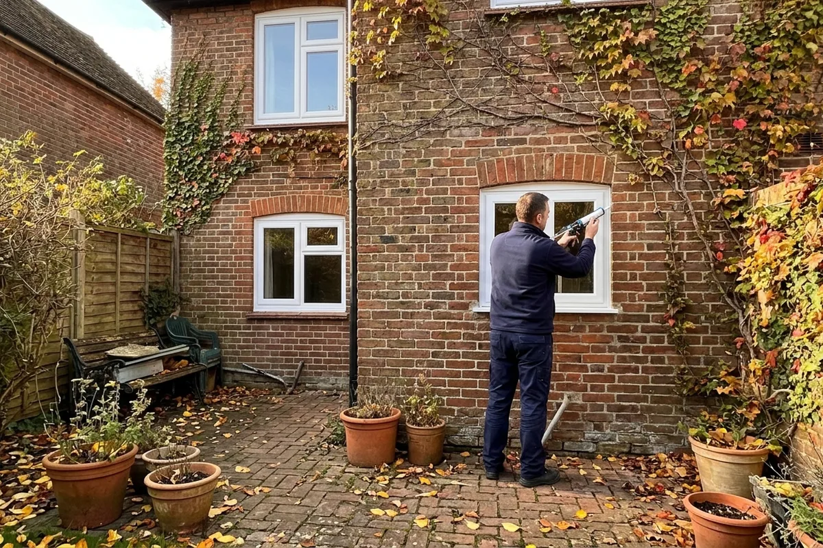 Installer sealing a new white casement window from the patio at the back of a brick cottage typical of Rusthall