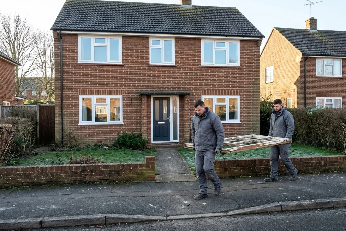 Two installers carrying an old window frame away from a post-war brick house with new white uPVC casements and a dark composite front door