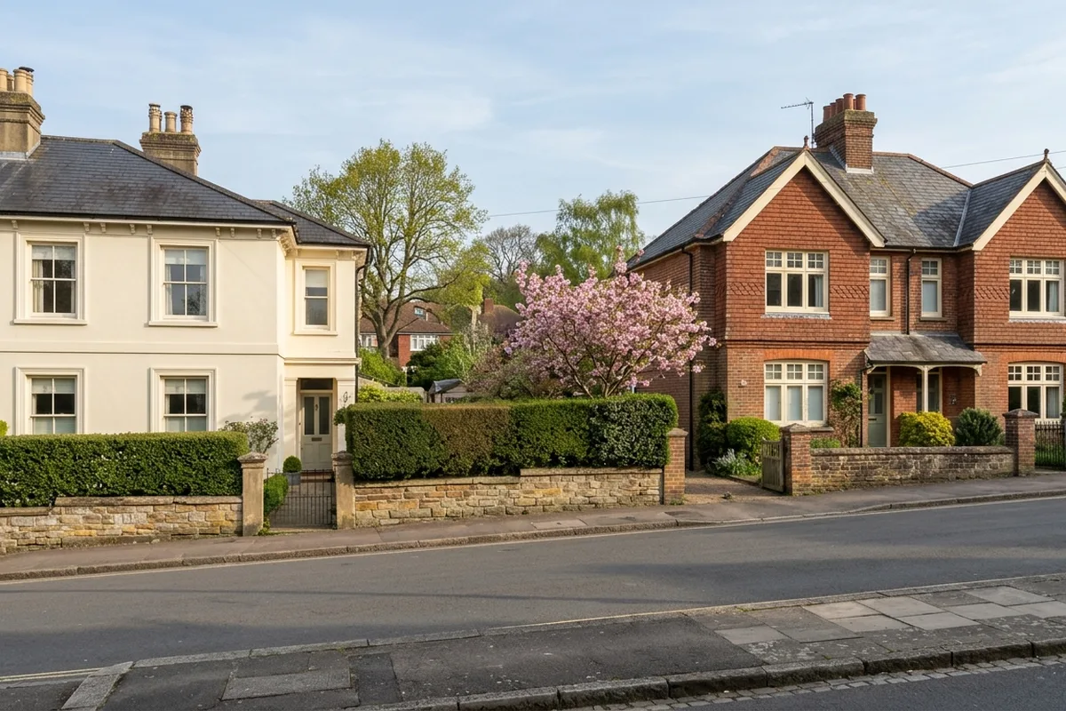 Cream stucco Victorian villa beside red-brick Edwardian semi-detached houses, each with period-style windows, behind sandstone front walls