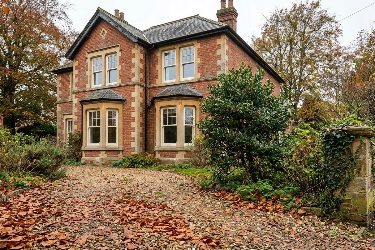 Victorian red-brick villa with stone dressings, two ground-floor bays and cream windows, set back behind a gravel drive