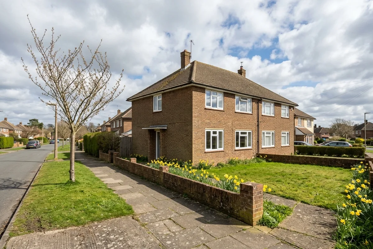 Post-war brick semi-detached house in Tunbridge Wells with white chamfered uPVC casements