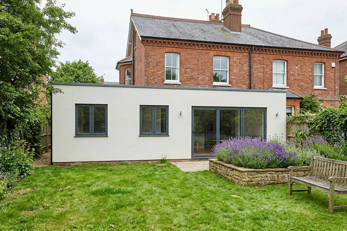 Slim grey aluminium windows on a garden room extension behind a Victorian brick house