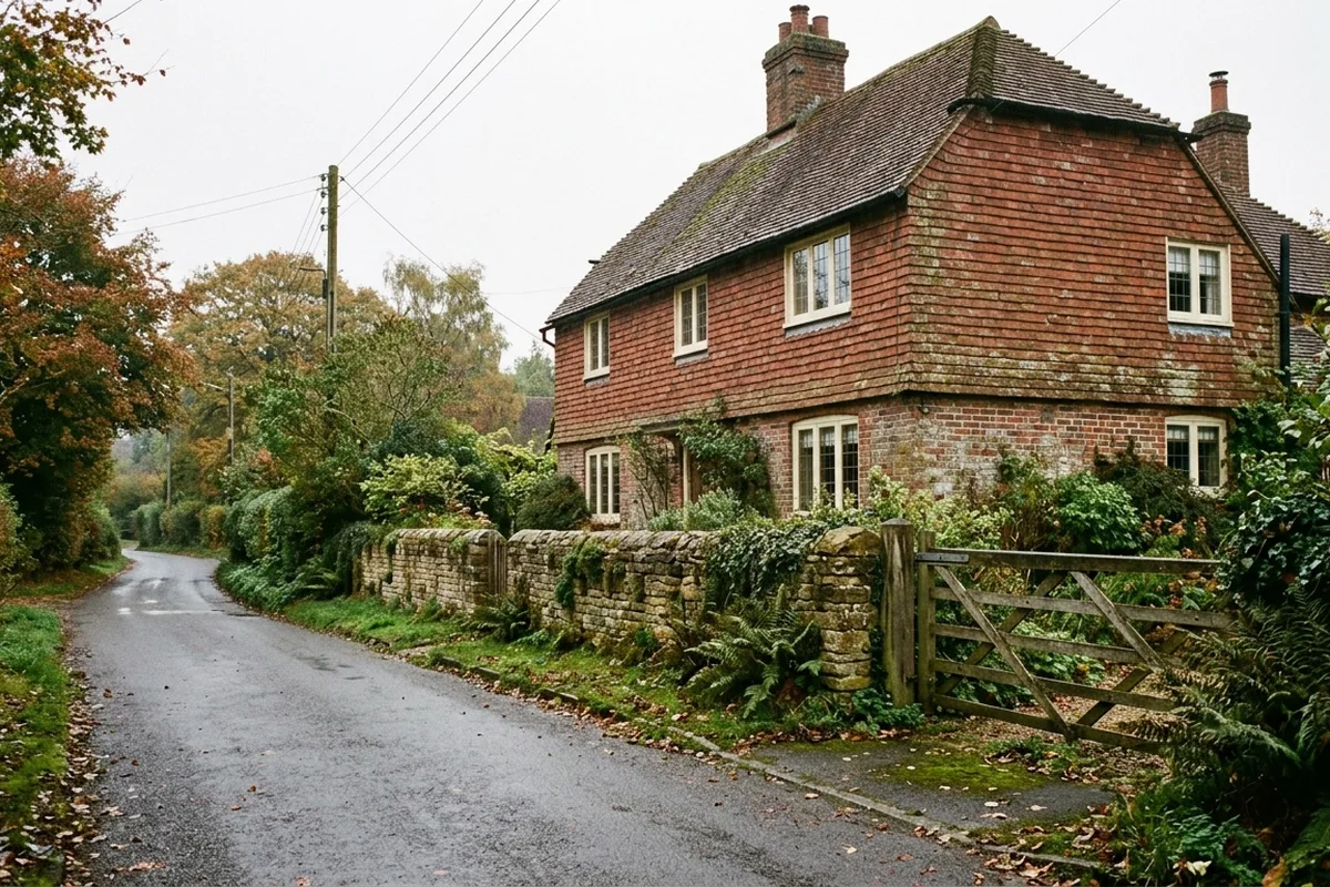 Tile-hung brick house typical of Speldhurst, with white casement windows, a sandstone garden wall and a field gate on a wet lane