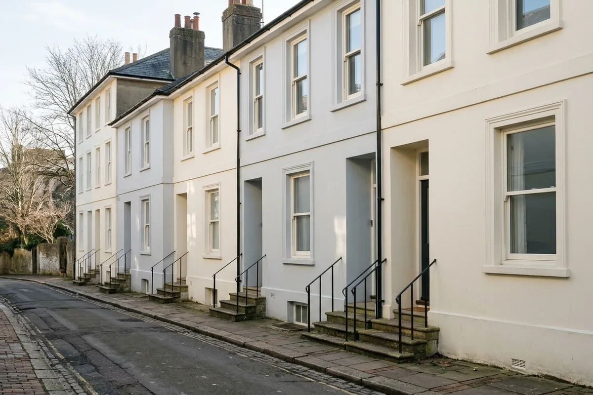 Painted stucco terrace in Tunbridge Wells with off-white sliding sash windows
